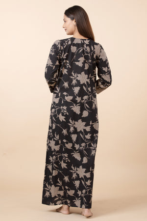 Floral Line Printed Long Sleeves Nighty - Black