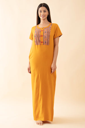 Solid Nighty with Printed & Embroidered Nighty - Mustard