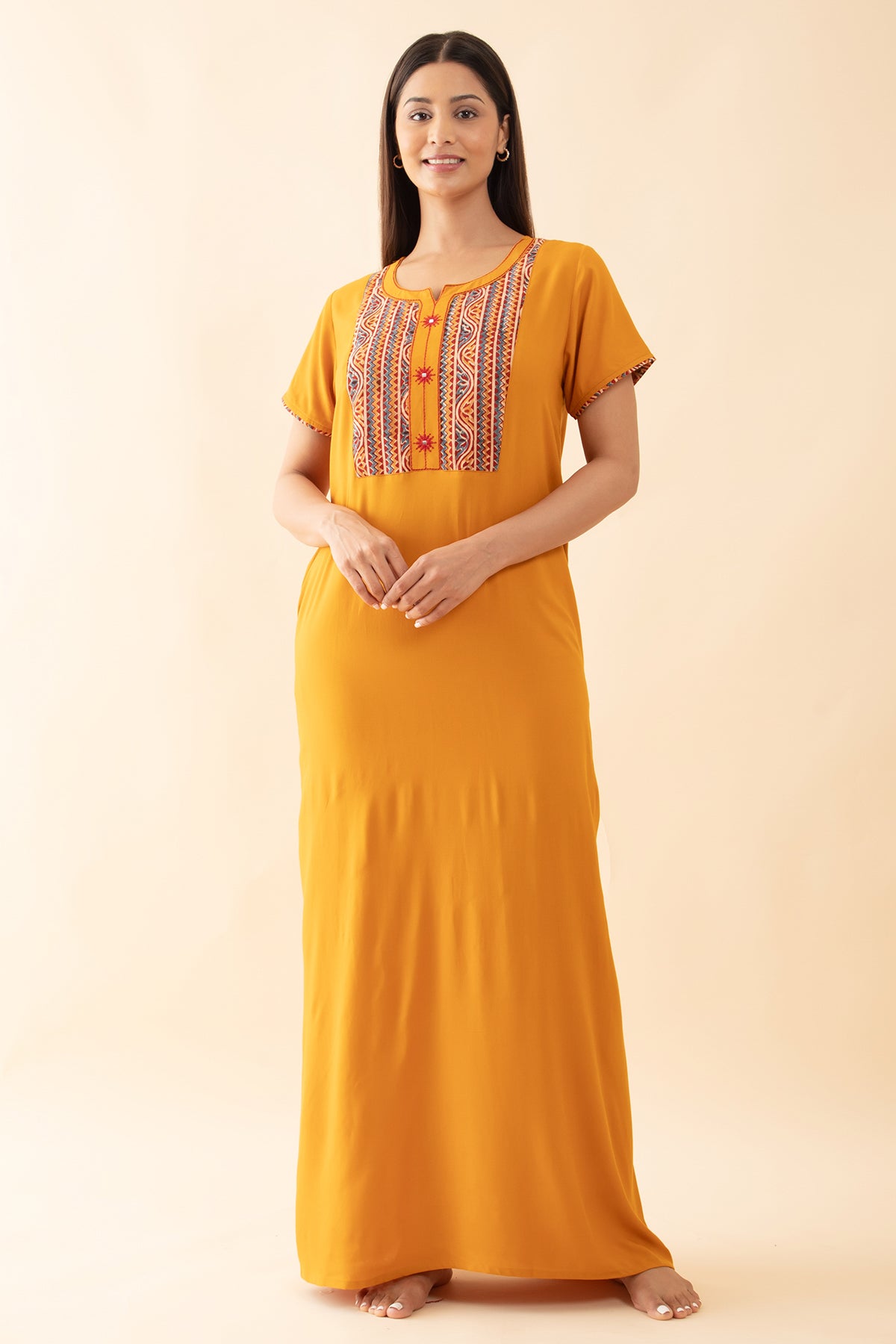 Solid Nighty with Printed & Embroidered Nighty - Mustard