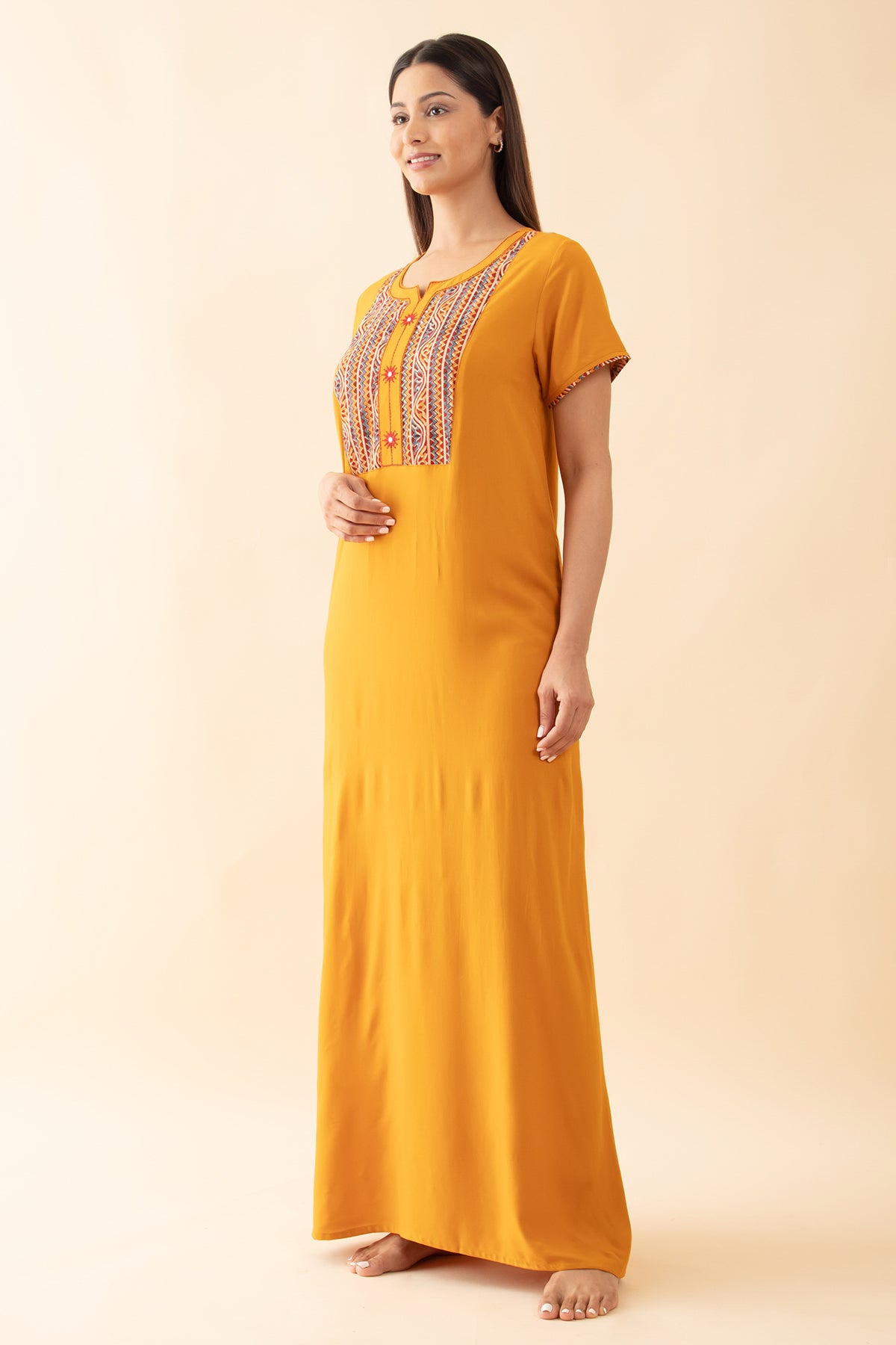 Solid Nighty with Printed & Embroidered Nighty - Mustard