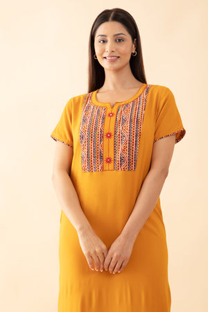 Solid Nighty with Printed & Embroidered Nighty - Mustard