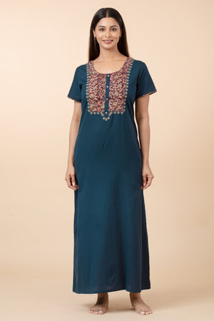 Kalamkari Yoke Patchwork Cotton Nighty - Navy