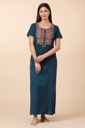 Kalamkari Yoke Patchwork Cotton Nighty - Navy