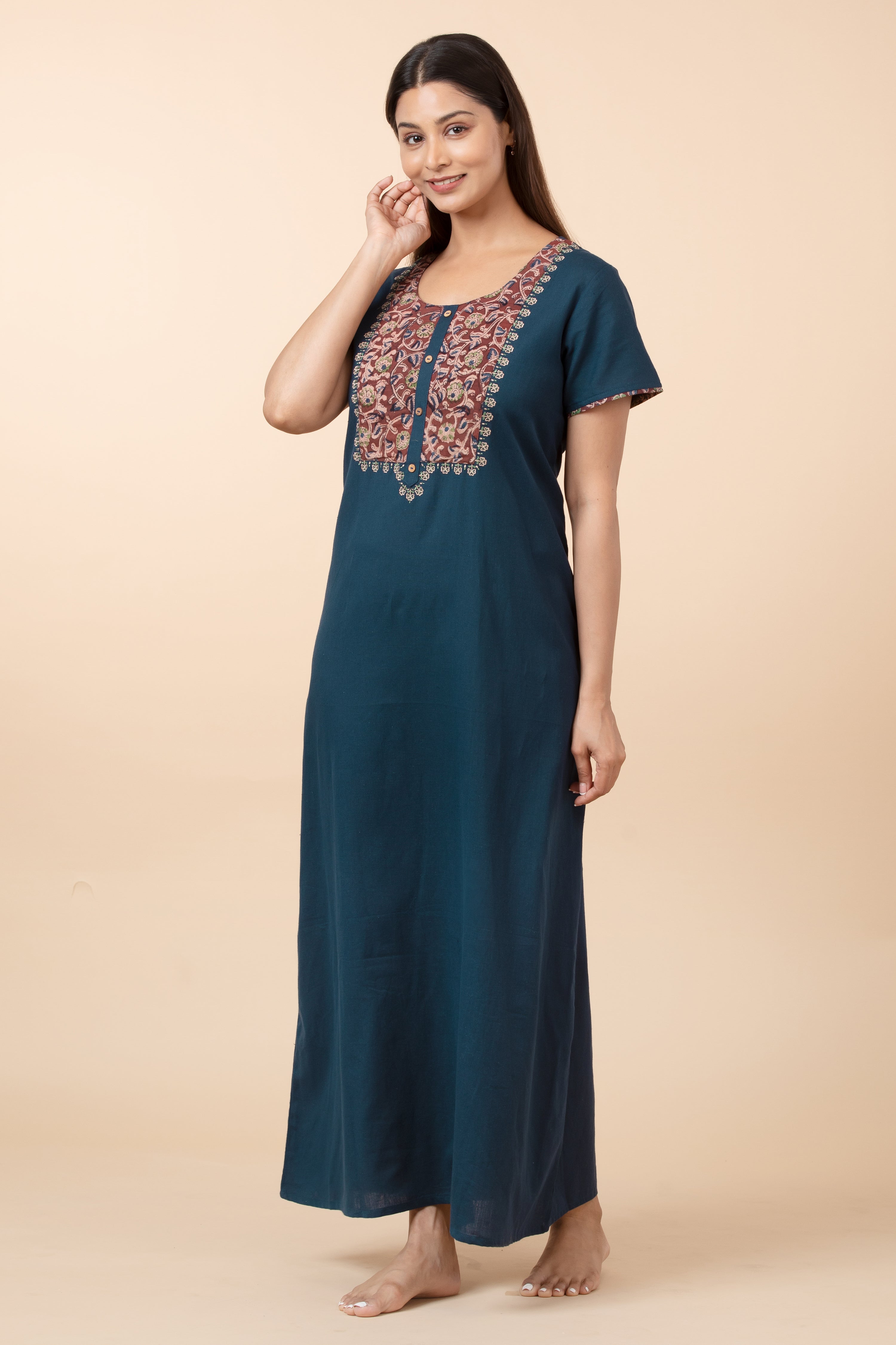 Kalamkari Yoke Patchwork Cotton Nighty - Navy