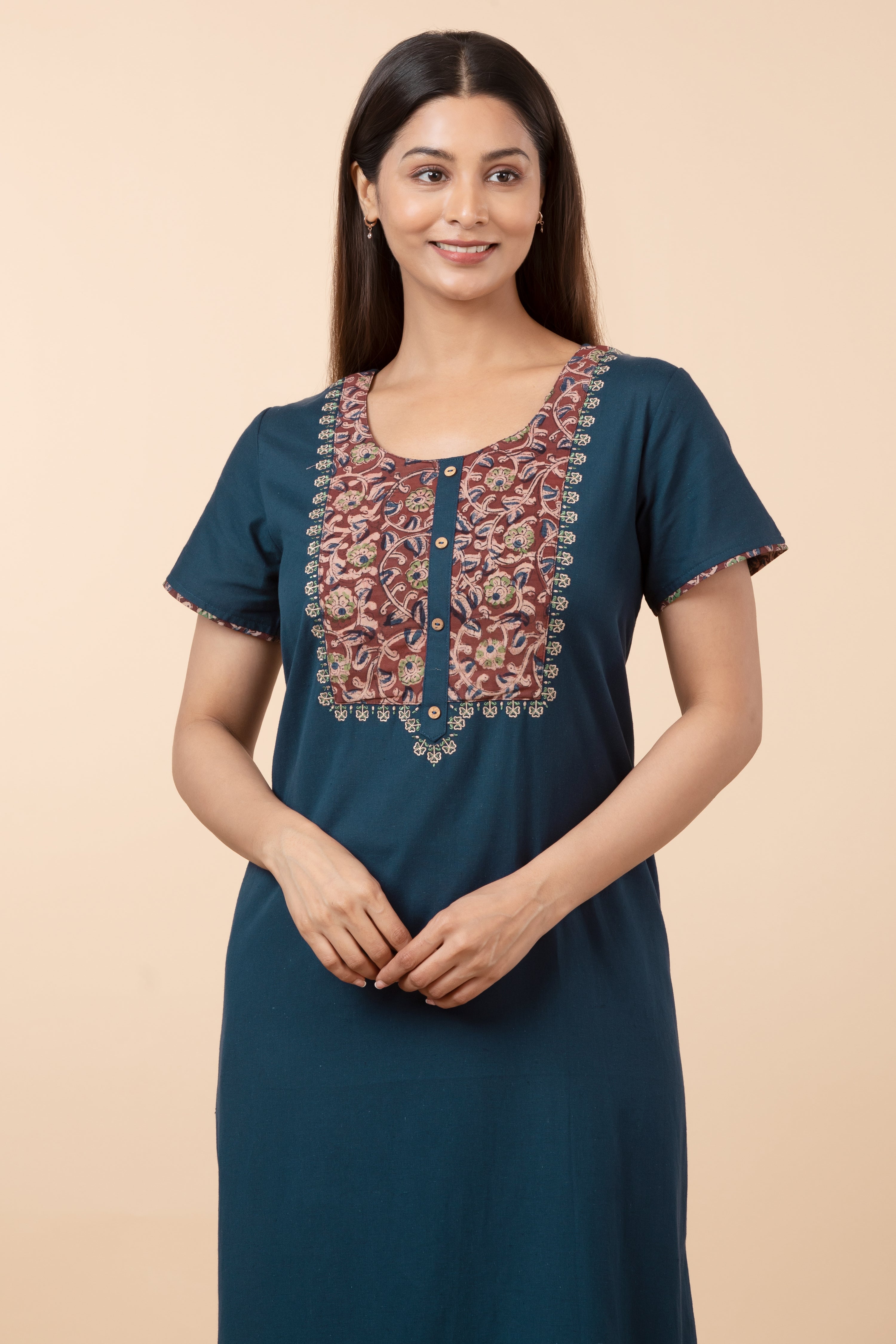 Kalamkari Yoke Patchwork Cotton Nighty - Navy