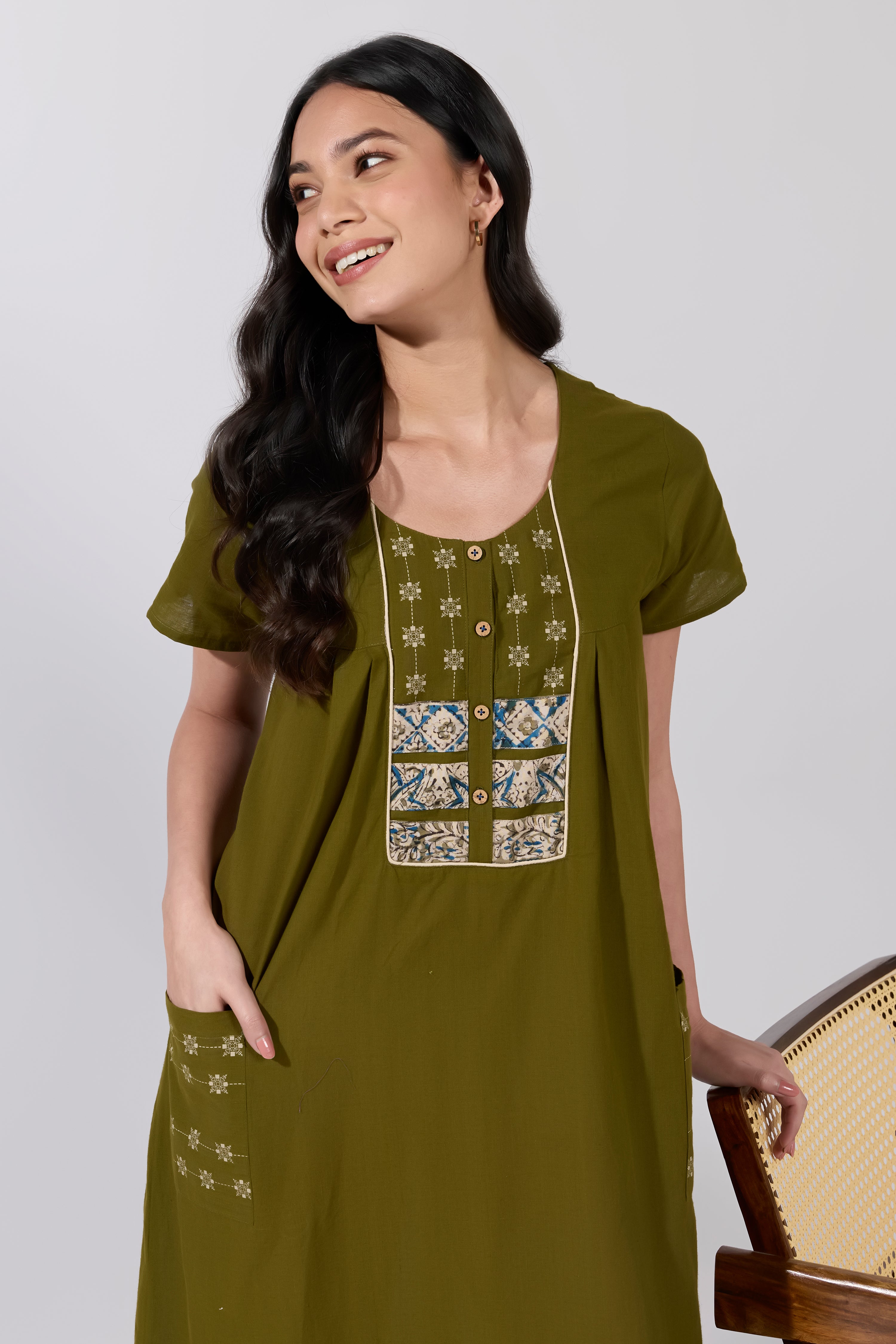 Green Solid Cotton Nightwear with Striped Kalamkari Yoke