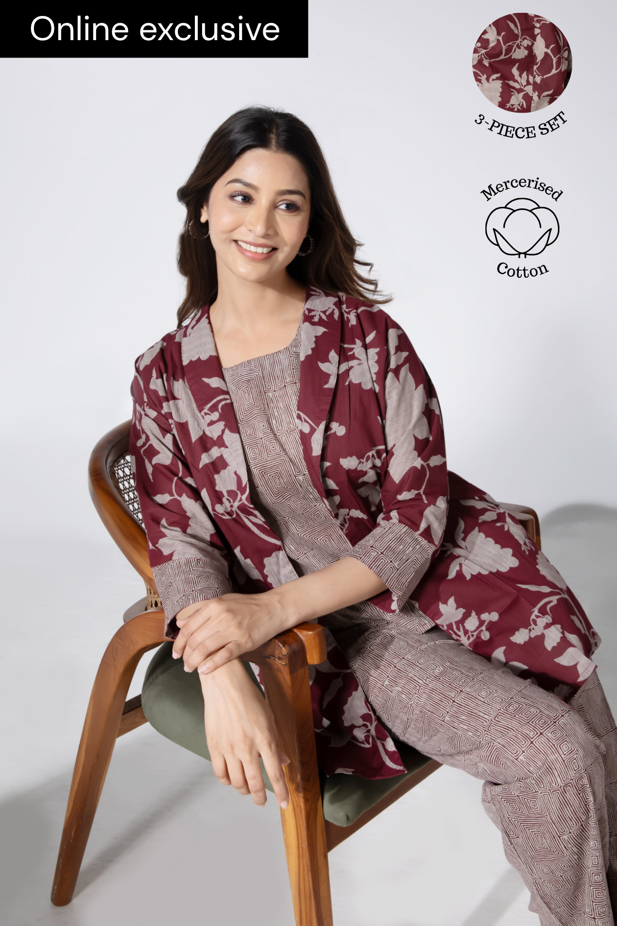 Abstract Line & Floral Printed Brown Cotton Pyjama set with Jacket