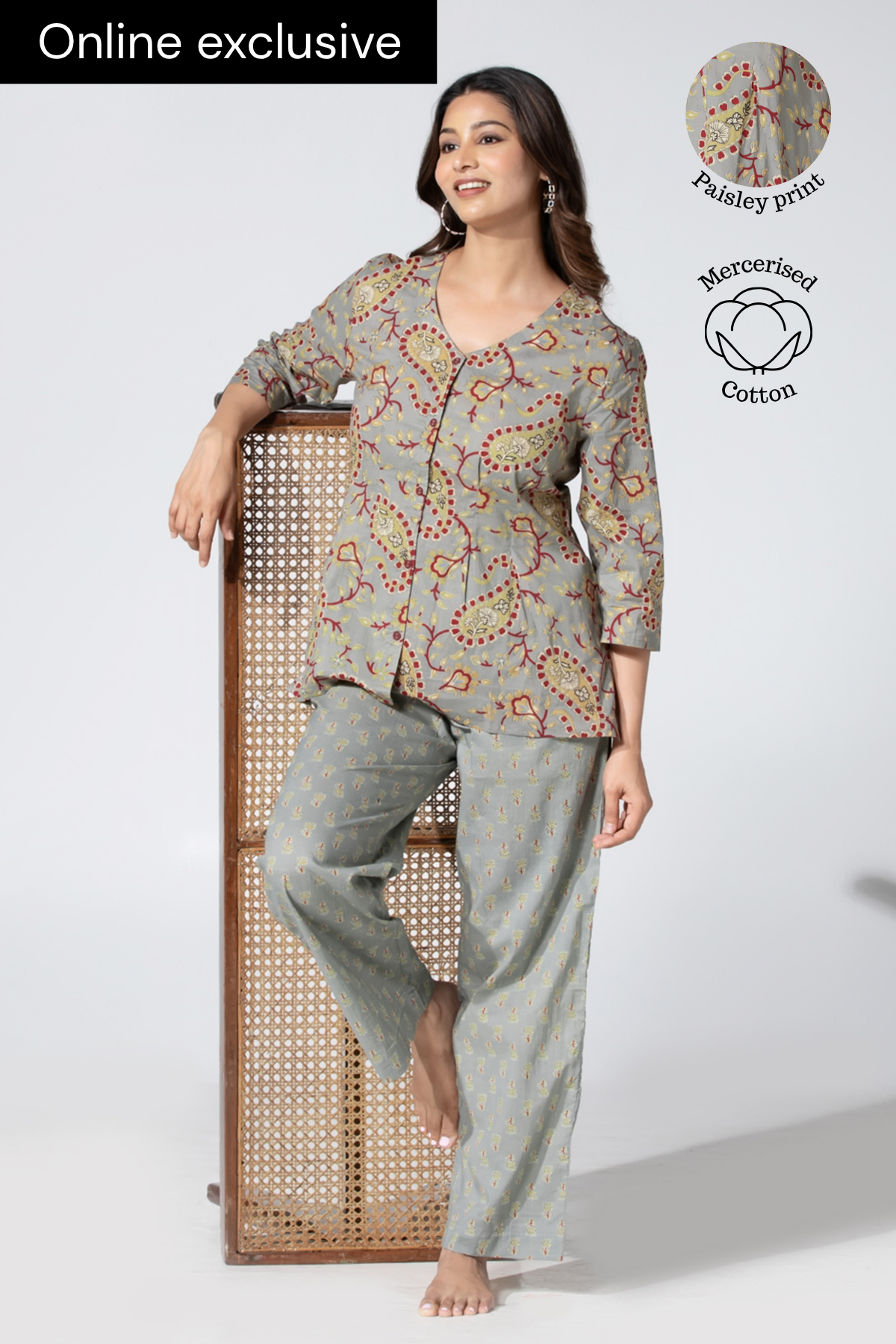 Kalamkari Floral Printed Grey Cotton Pyjama Set