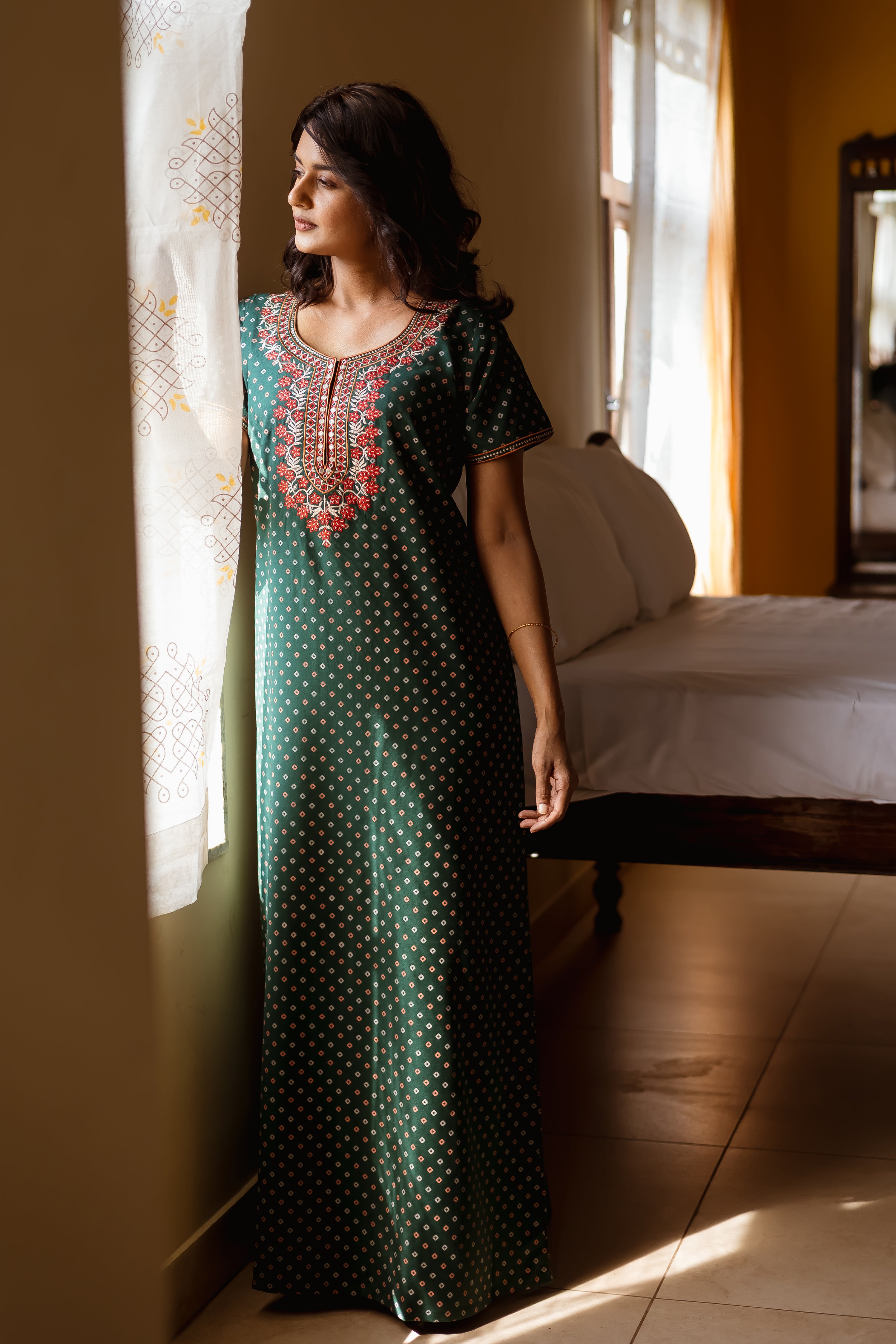 Bandhani Printed & Embroidered Nighty - Green