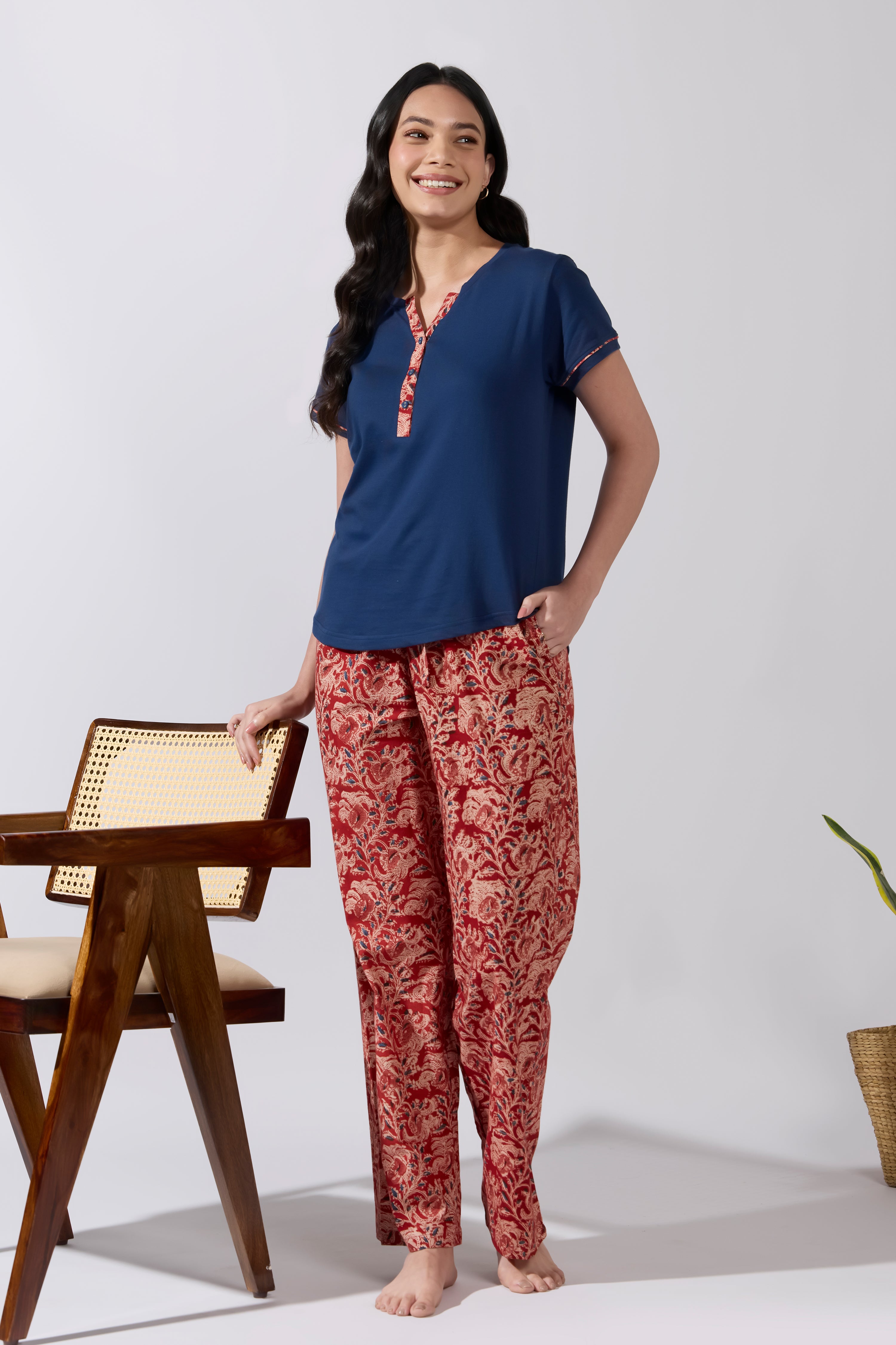 Kalamkari Printed Cotton Pyjama Set with Navy Solid T- Shirt