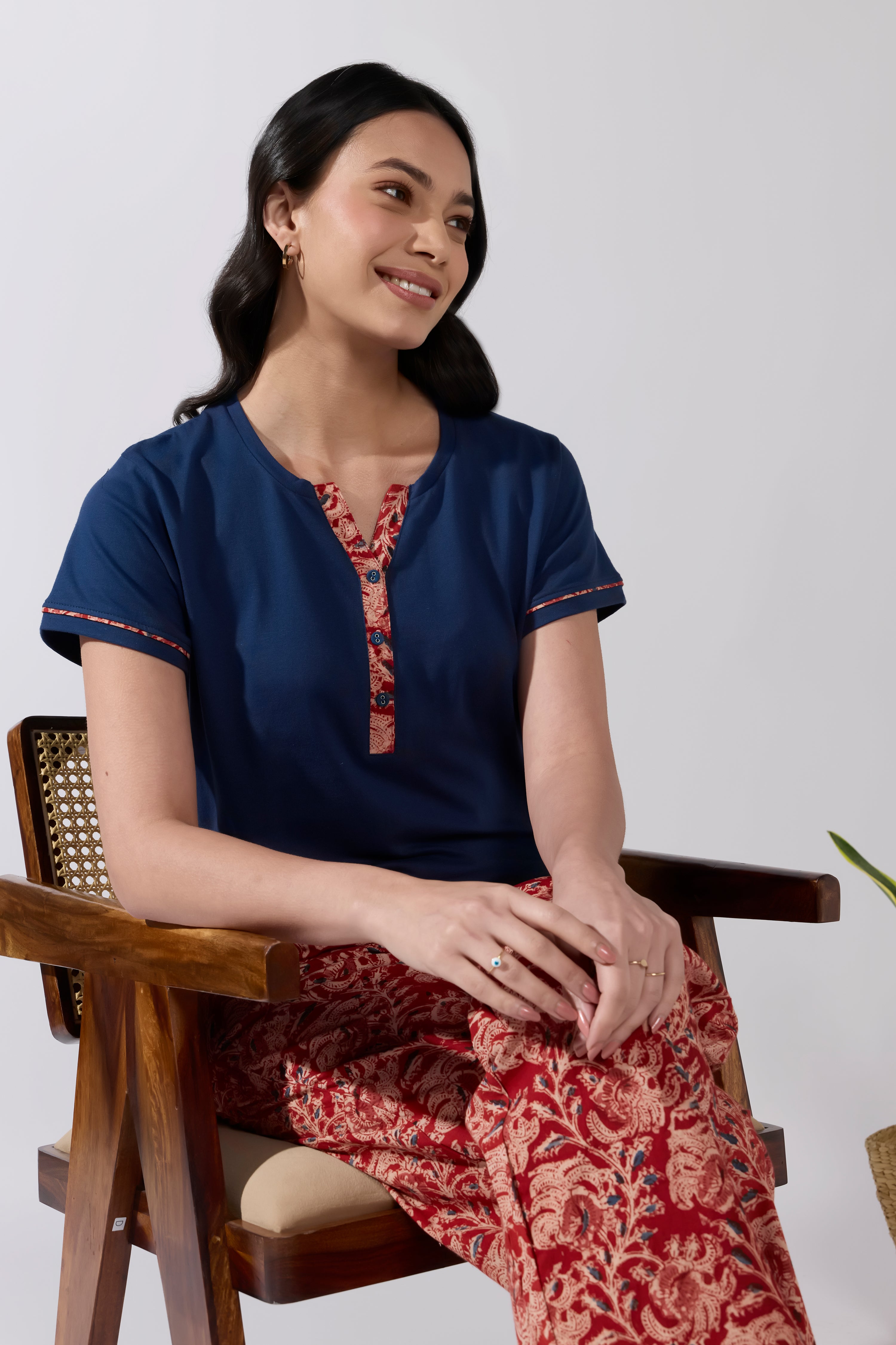 Kalamkari Printed Cotton Pyjama Set with Navy Solid T- Shirt