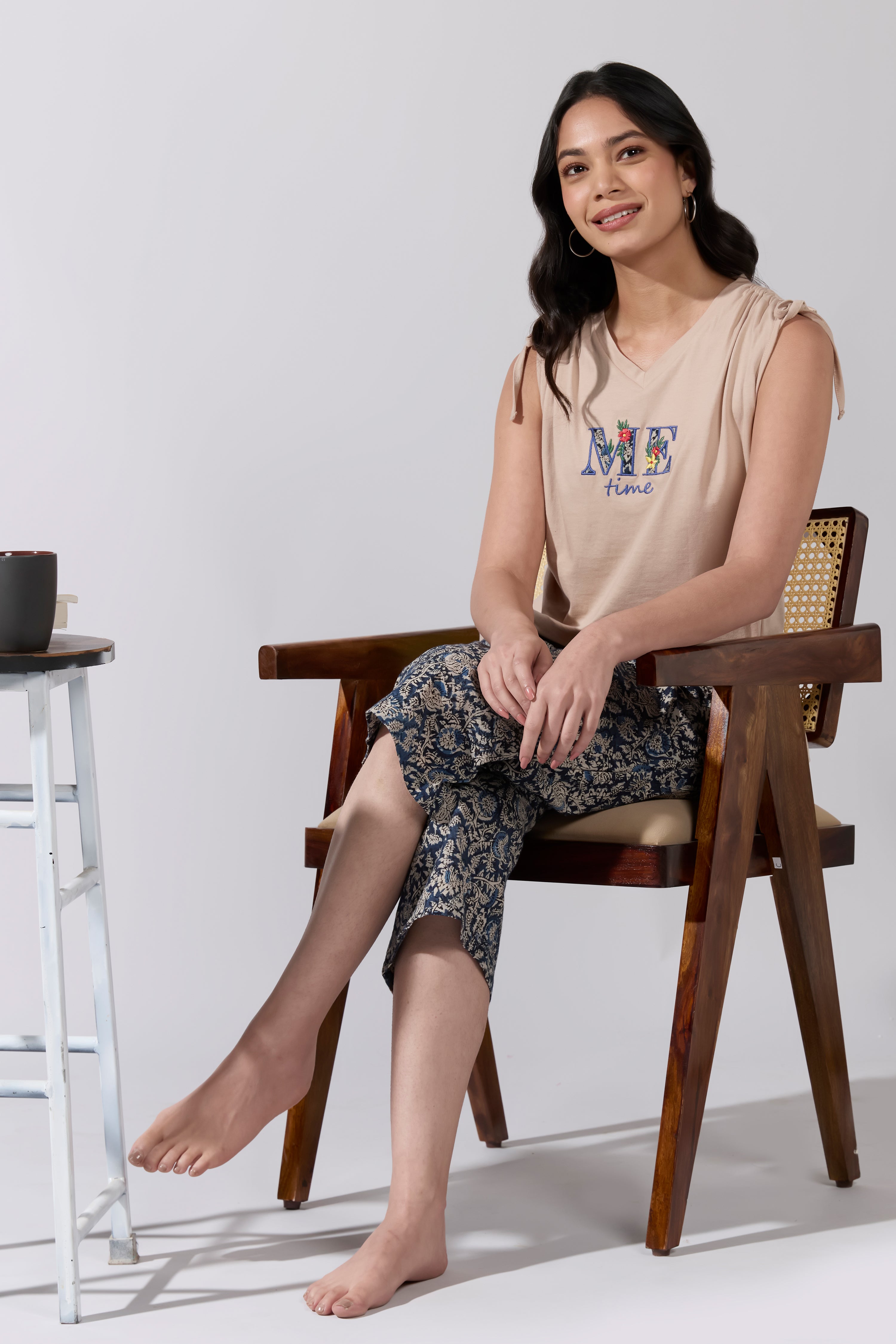 ME Time Printed Tank T-Shirt with Tie up & Kalamkari Printed Pyjama Set