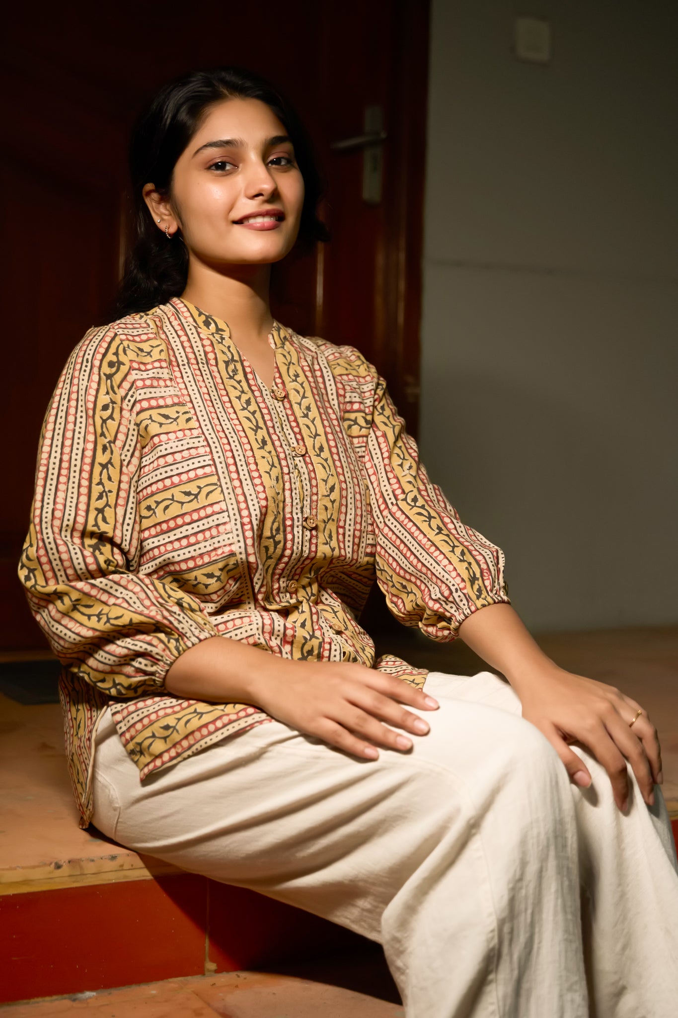 Mustard Cotton Tunic with Floral Geometric Print & Mandarin Collar