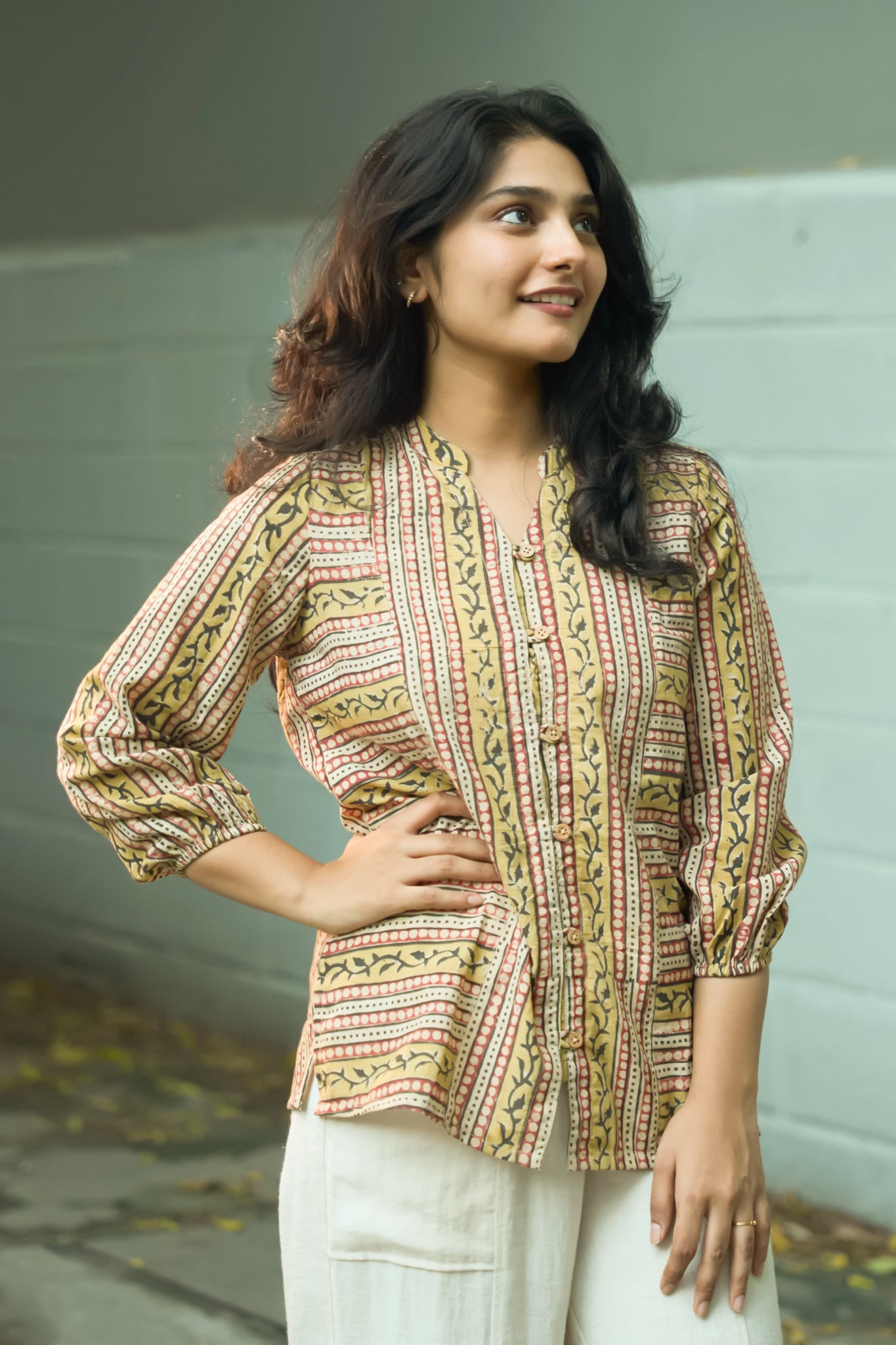 Mustard Cotton Tunic with Floral Geometric Print & Mandarin Collar