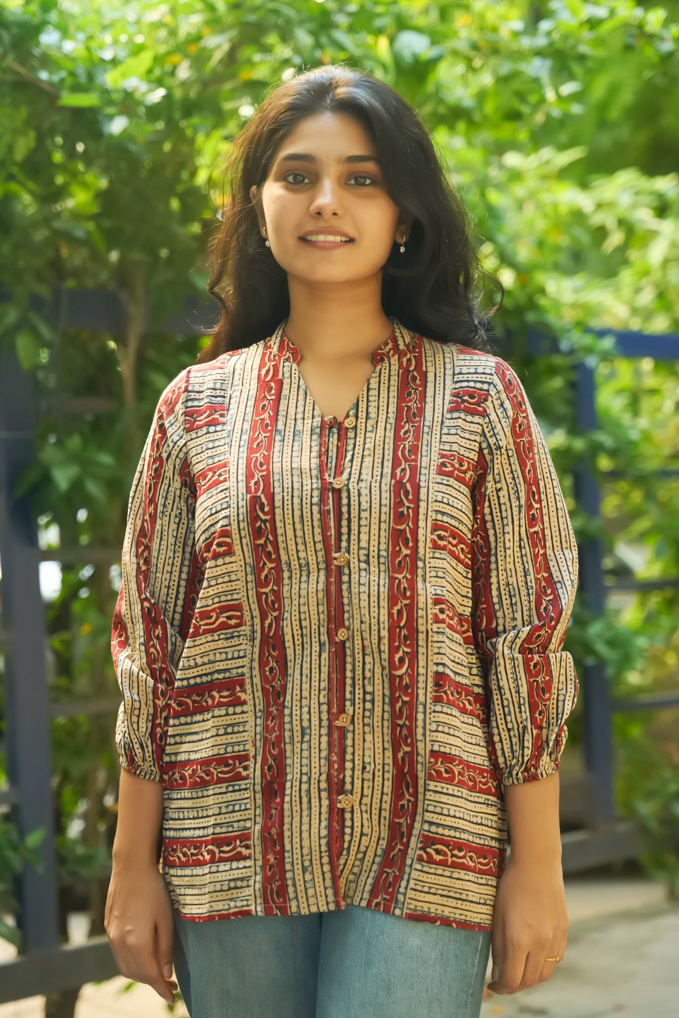 Red & Beige Cotton Tunic with Floral Geometric Print