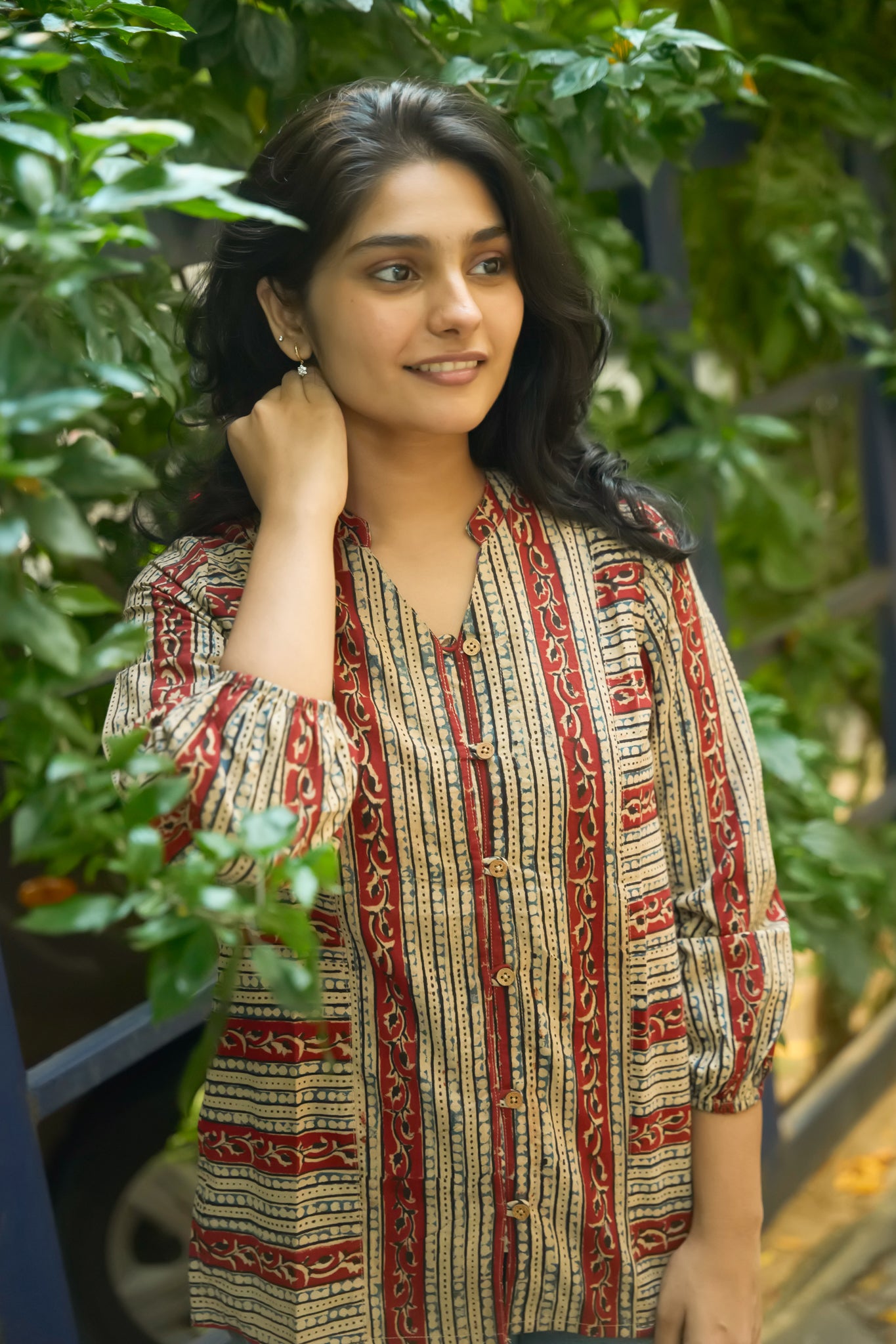 Red & Beige Cotton Tunic with Floral Geometric Print