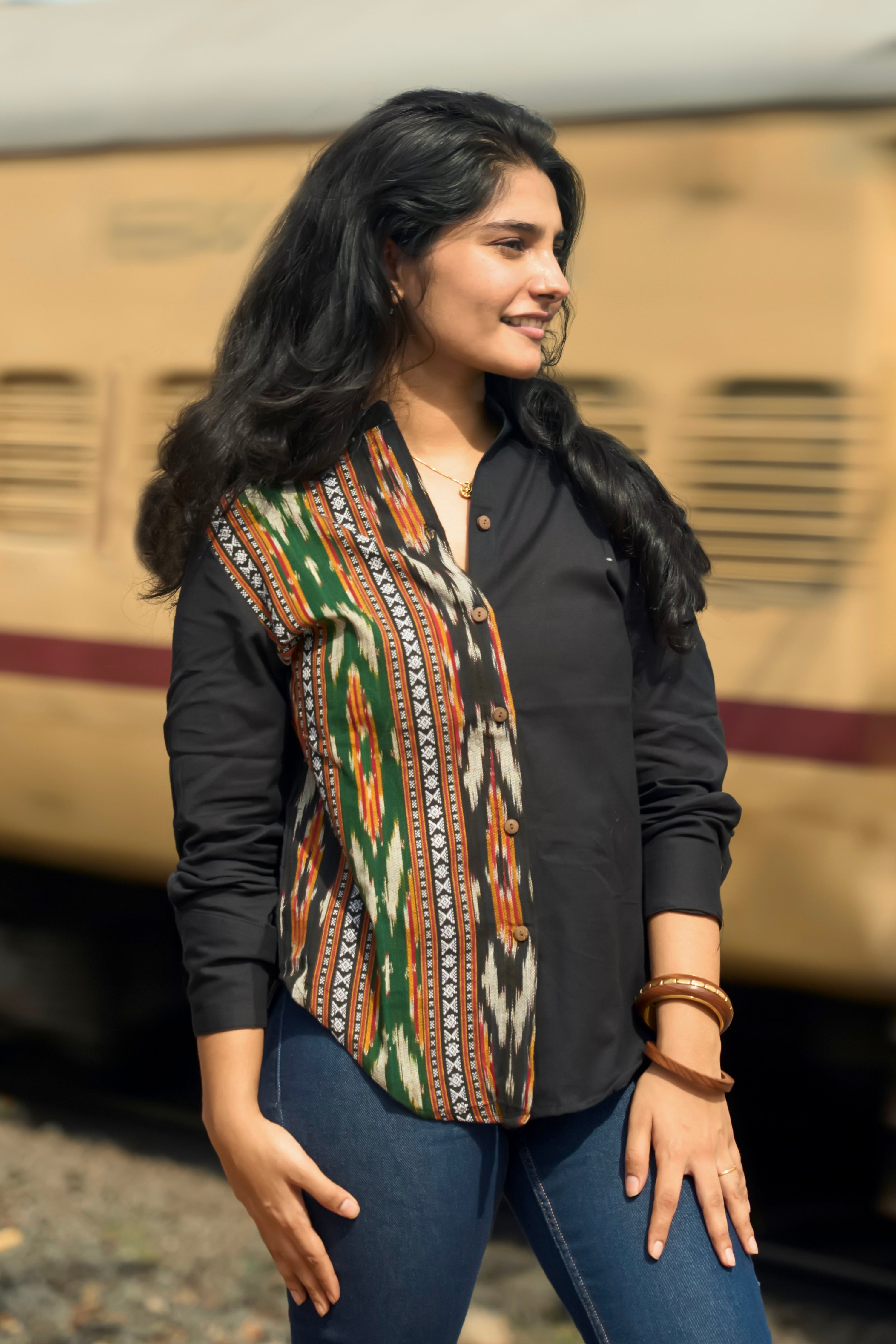 Black Cotton Shirt with Ikkat Design For Women