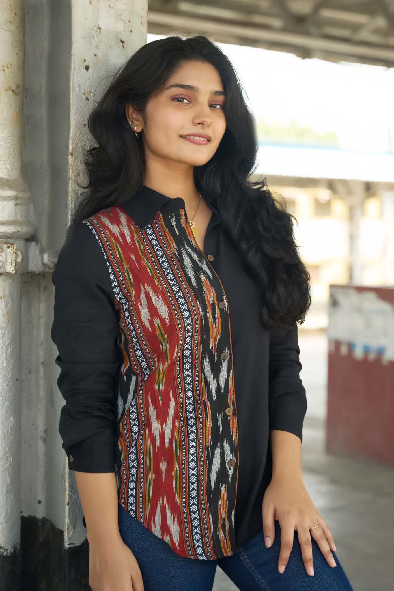 Black & Maroon Cotton Shirt with Ikkat Design