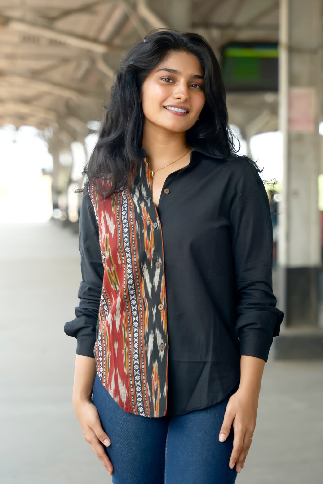 Black & Maroon Cotton Shirt with Ikkat Design