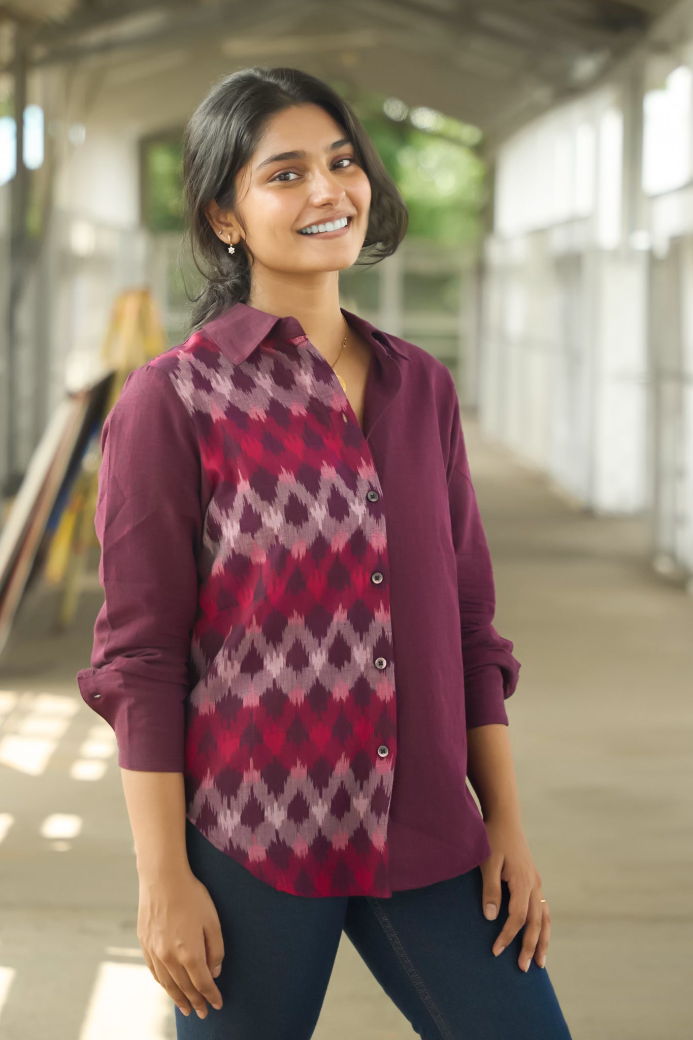 Purple Cotton Shirt with Ikkat Design For Women