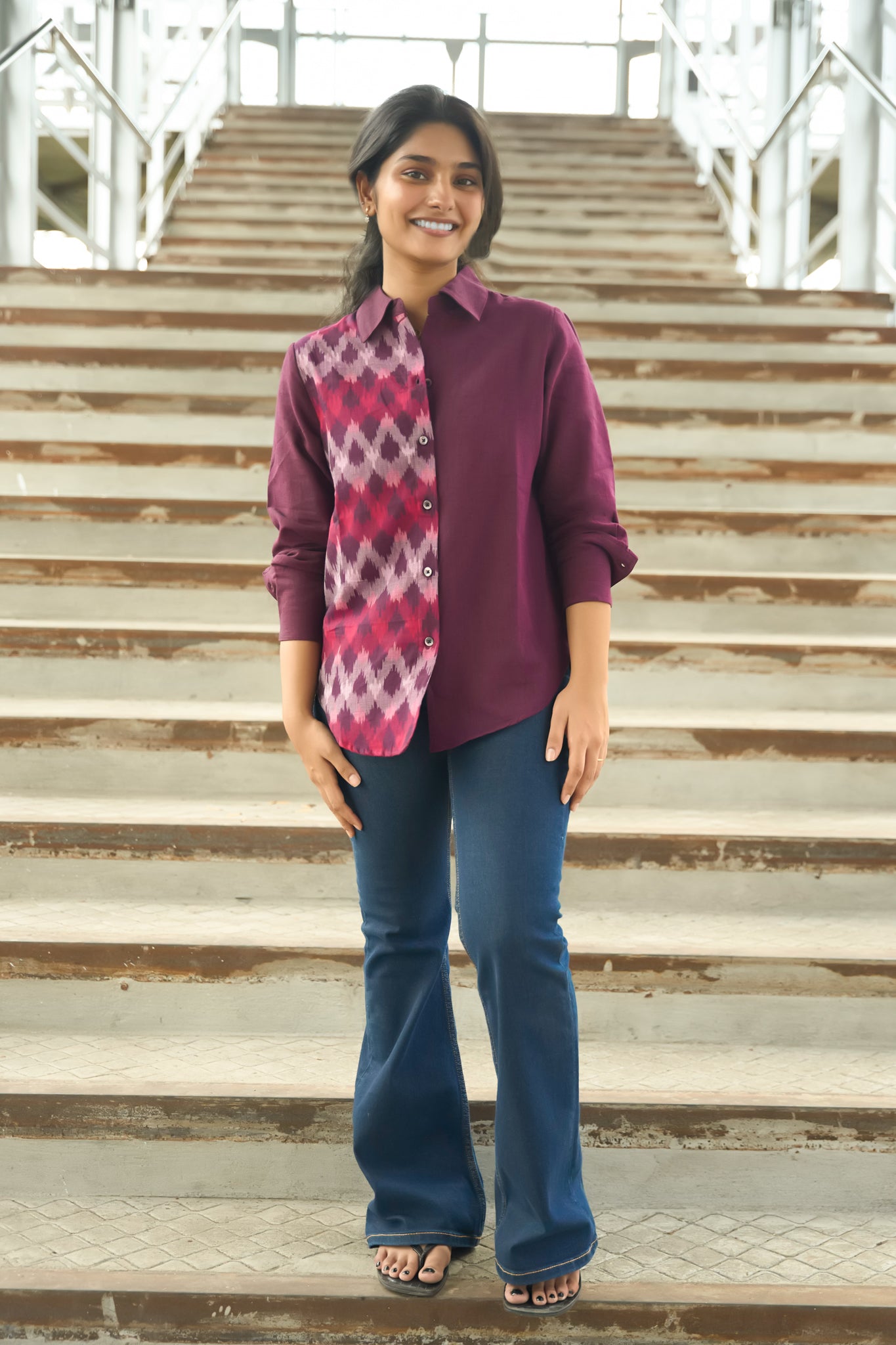 Purple Cotton Shirt with Ikkat Design For Women