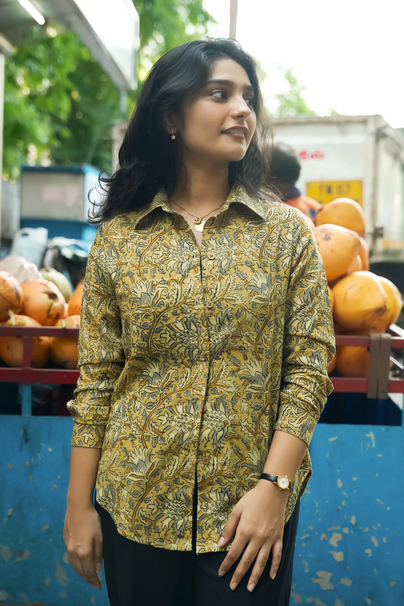 Mustard Cotton Shirt with Kalamkari Design For Casualwear