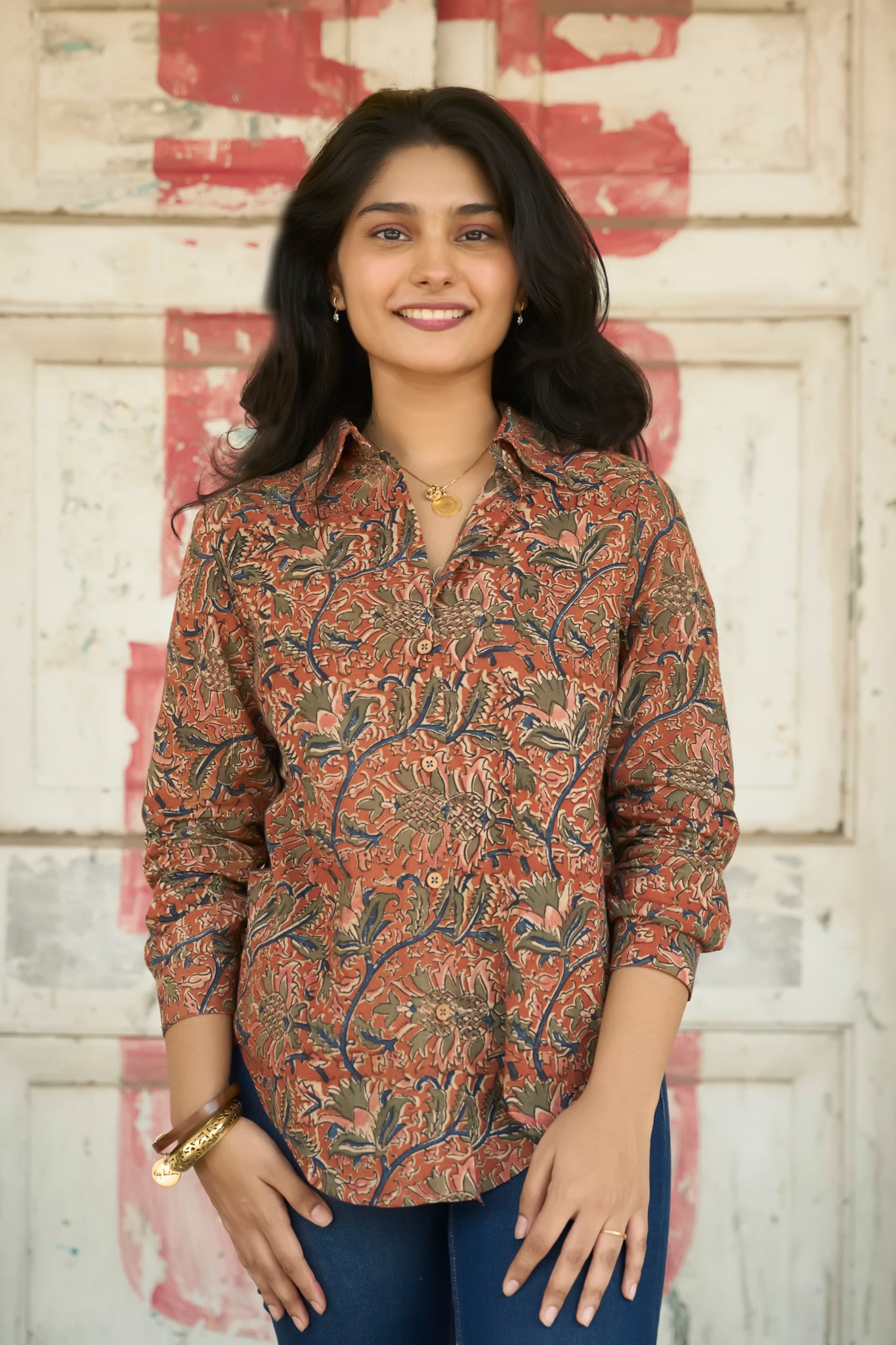 Rusty Orange Cotton Shirt with Kalamkari Design For Casualwear