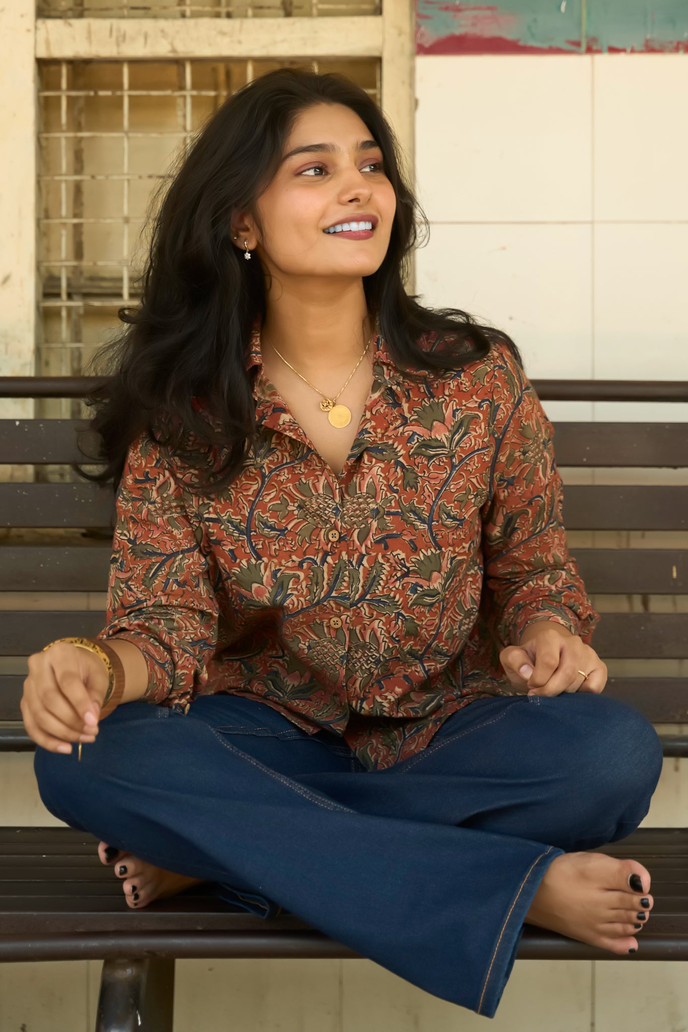 Rusty Orange Cotton Shirt with Kalamkari Design For Casualwear