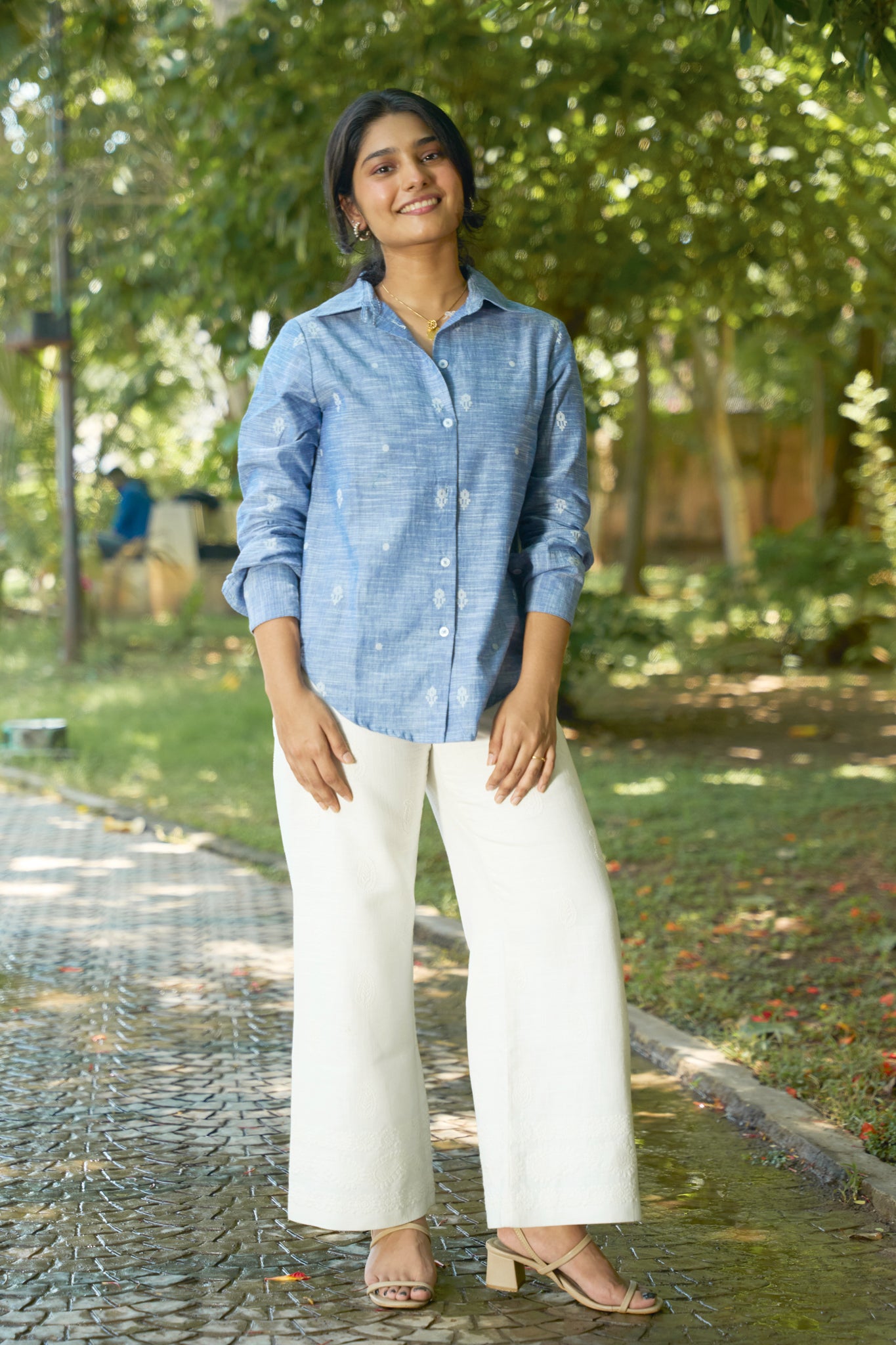 Blue Cotton Slub Shirt with Dobby Design