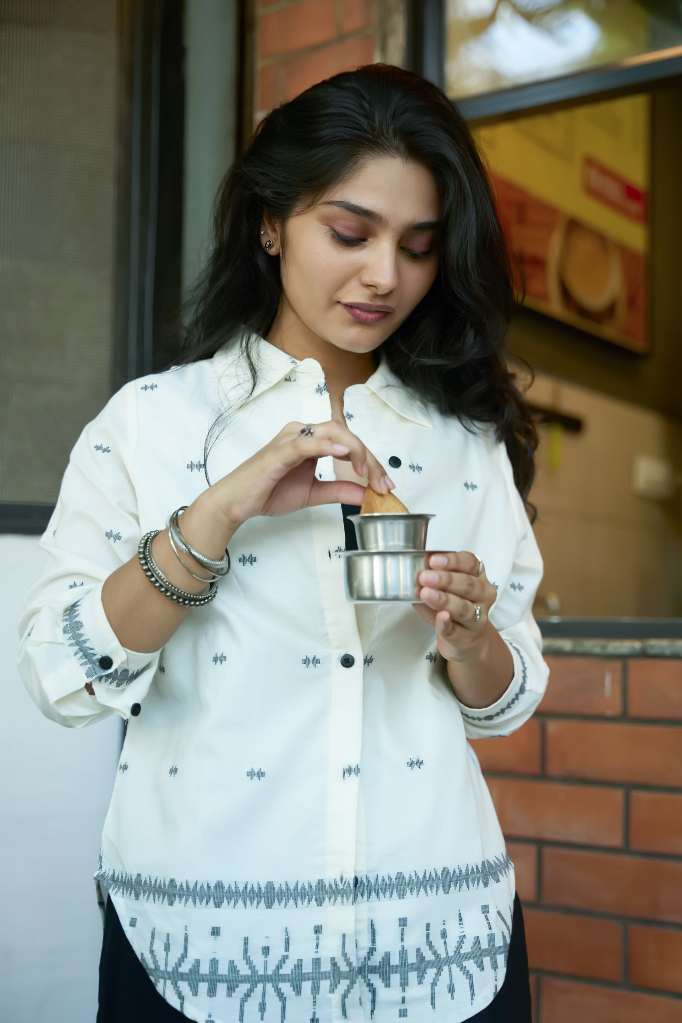 Off-White Cotton Shirt with Black Jamdani Design – Maybell Womens