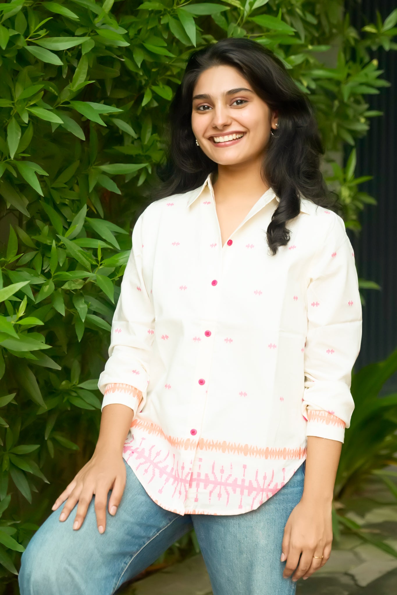 Off-White Cotton Shirt with Two-Colored Jamdani Design