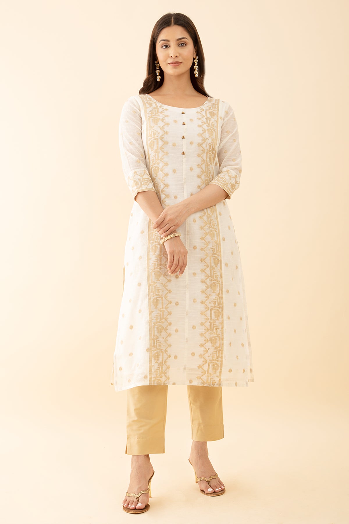 Designer Kurta Set with Brocade Dupatta jamdhani Weave Button