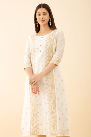 Designer Kurta Set with Brocade Dupatta jamdhani Weave Button