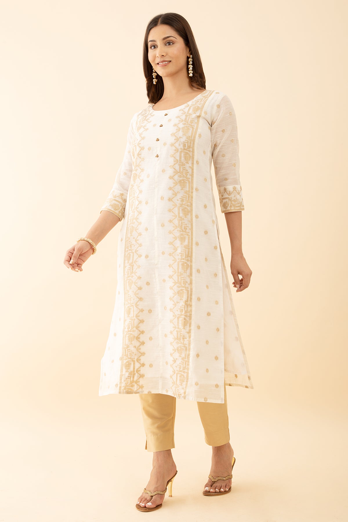 Designer Kurta Set with Brocade Dupatta jamdhani Weave Button