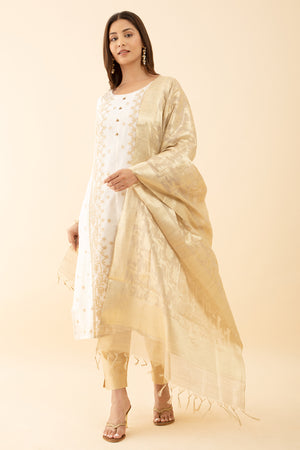 Designer Kurta Set with Brocade Dupatta jamdhani Weave Button