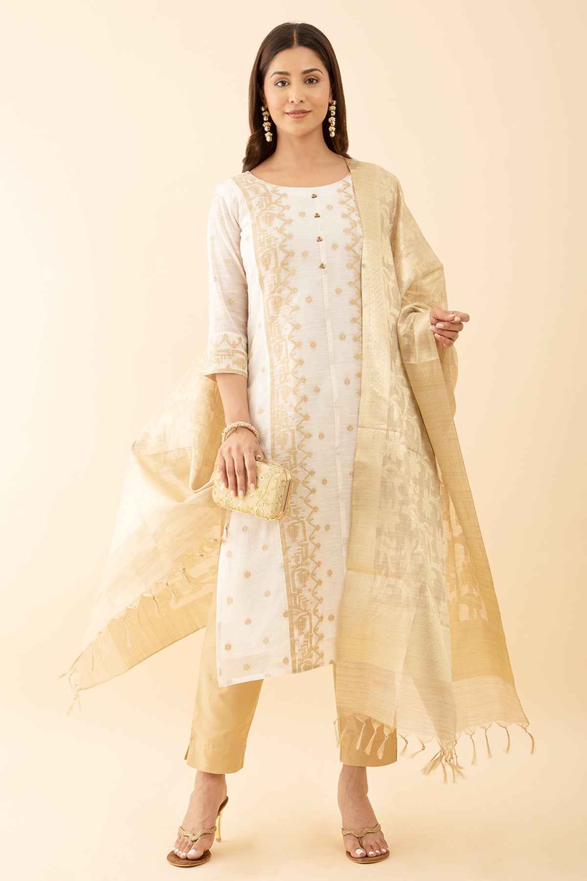 Designer Kurta Set with Brocade Dupatta jamdhani Weave Button