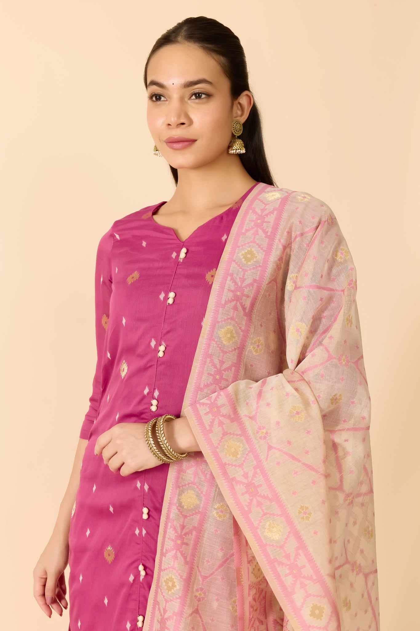 PINK JAMDHANI CHANDERI KURTA SET