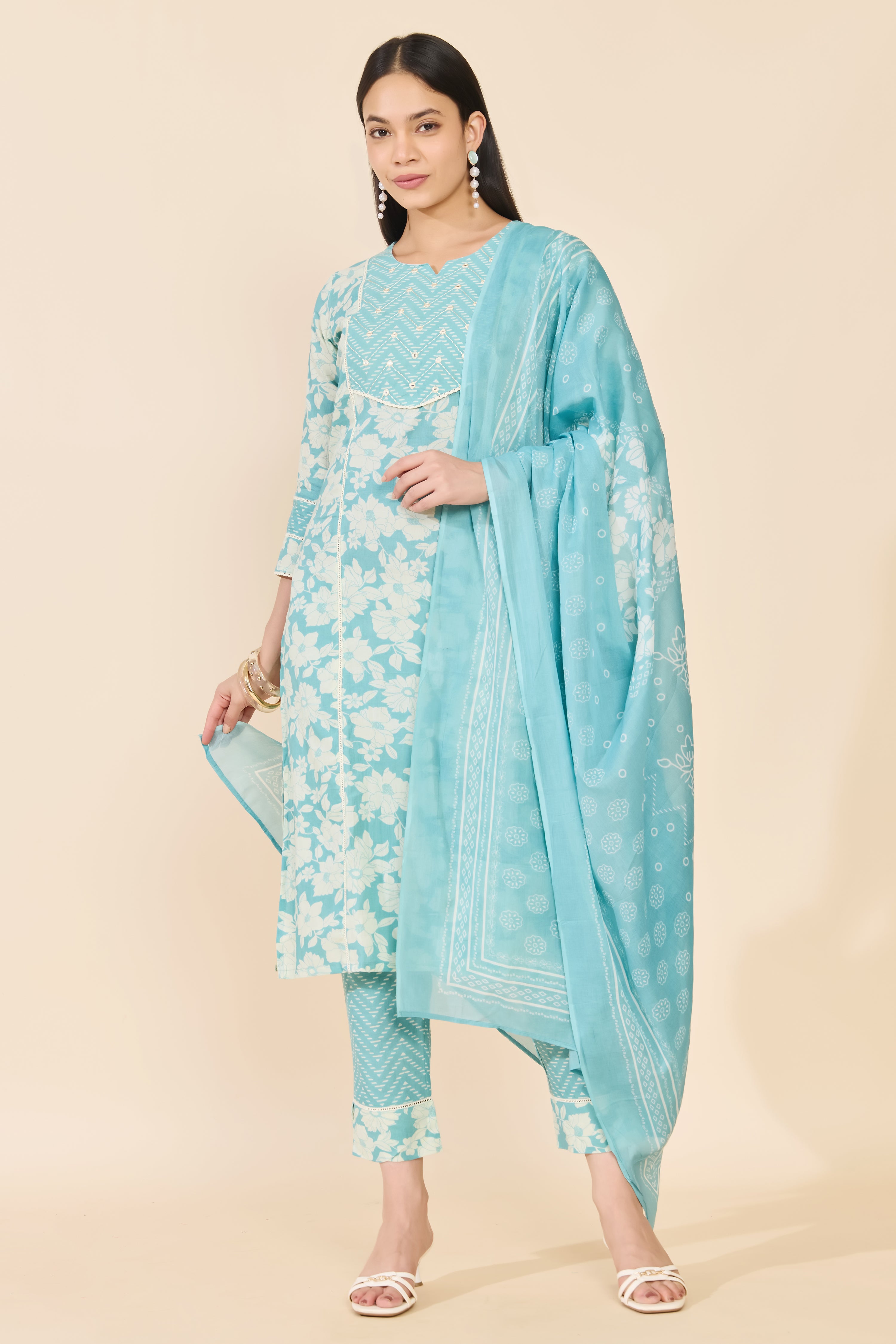 BLUE FLORAL COTTON KURTA SET
