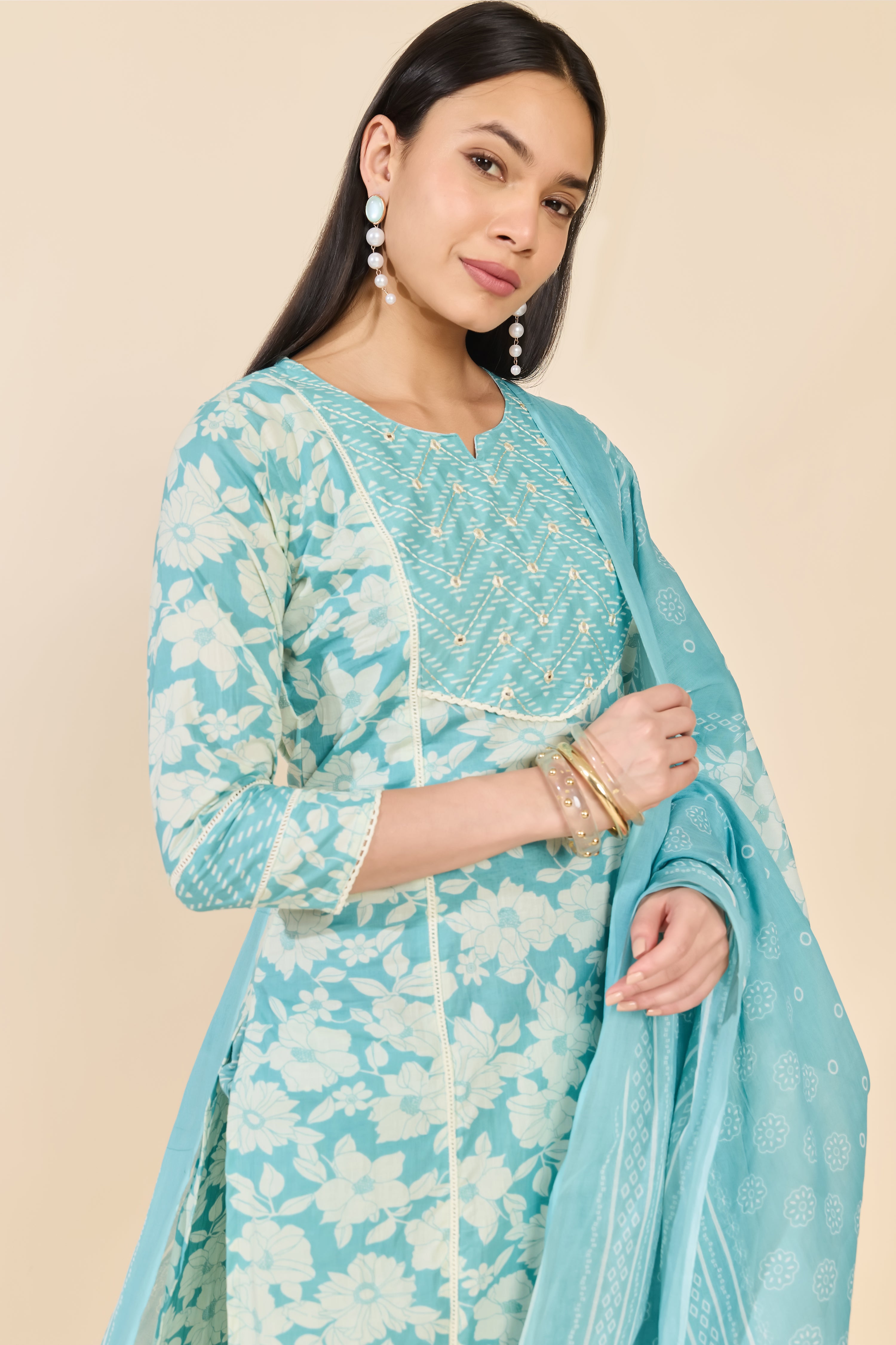 BLUE FLORAL COTTON KURTA SET