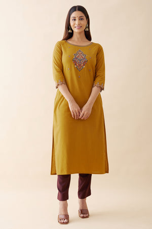 Embroidered Kurtaset with Kalamkari Dupatta - Mustard & Brown