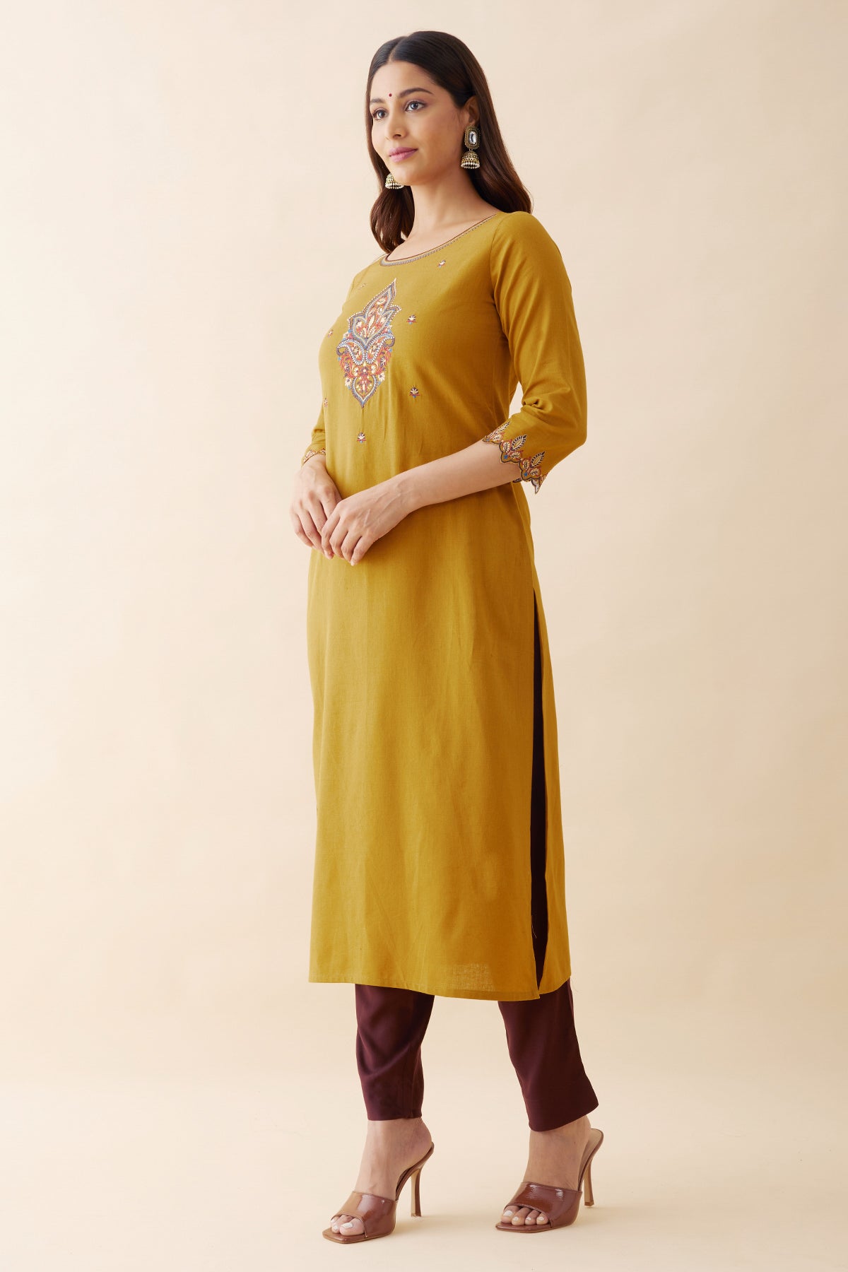 Embroidered Kurtaset with Kalamkari Dupatta - Mustard & Brown