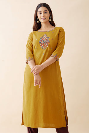 Embroidered Kurtaset with Kalamkari Dupatta - Mustard & Brown