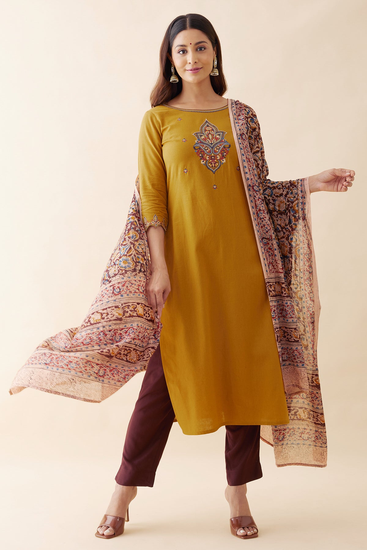 Embroidered Kurtaset with Kalamkari Dupatta - Mustard & Brown