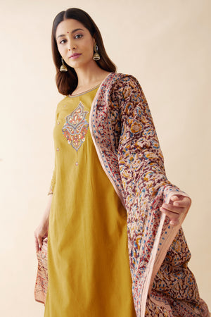 Embroidered Kurtaset with Kalamkari Dupatta - Mustard & Brown