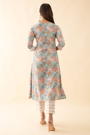 Floral Mosaic Printed Kurtaset with Dupatta - White Pastels