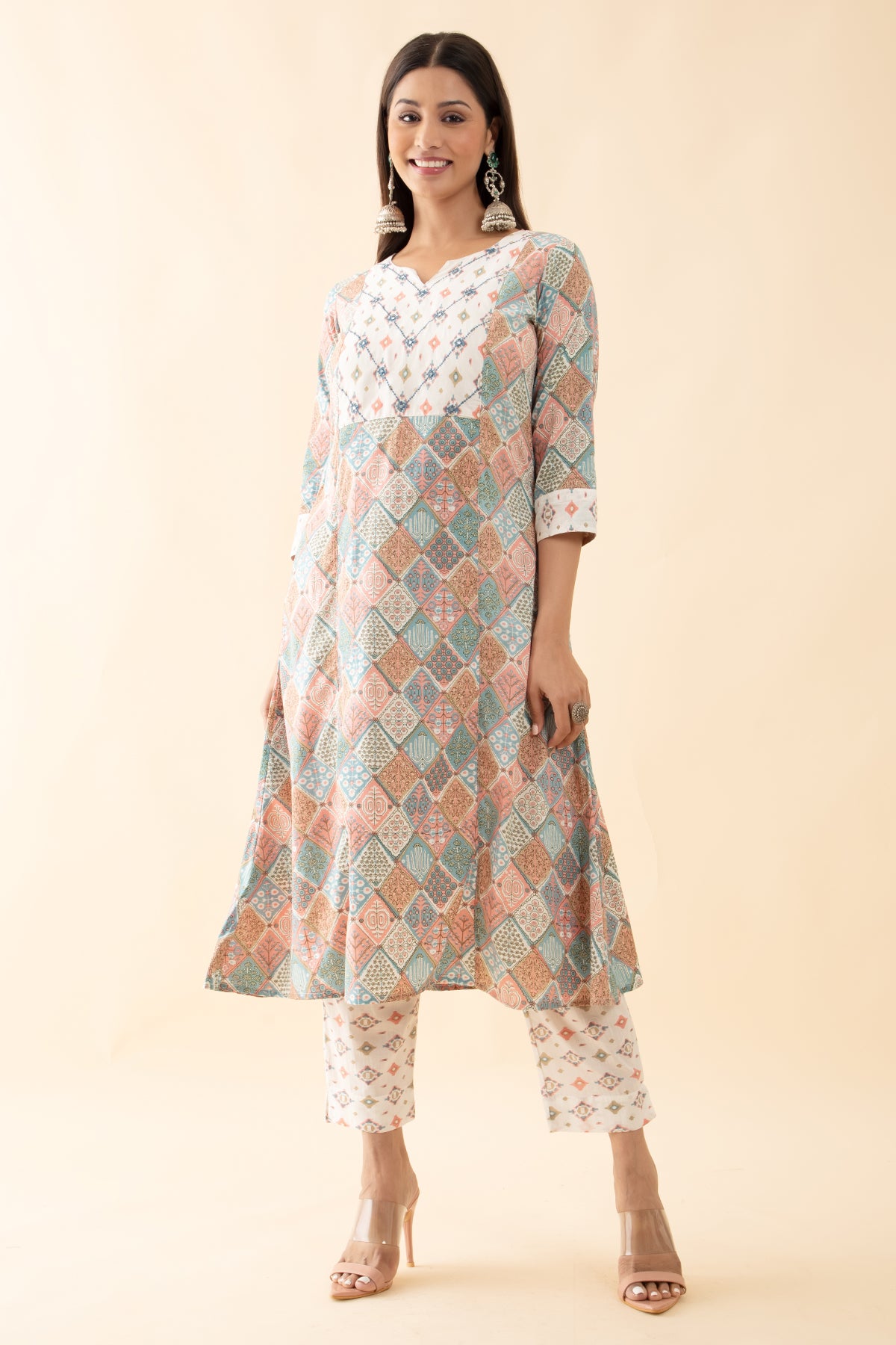 Floral Mosaic Printed Kurtaset with Dupatta - White Pastels