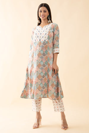 Floral Mosaic Printed Kurtaset with Dupatta - White Pastels