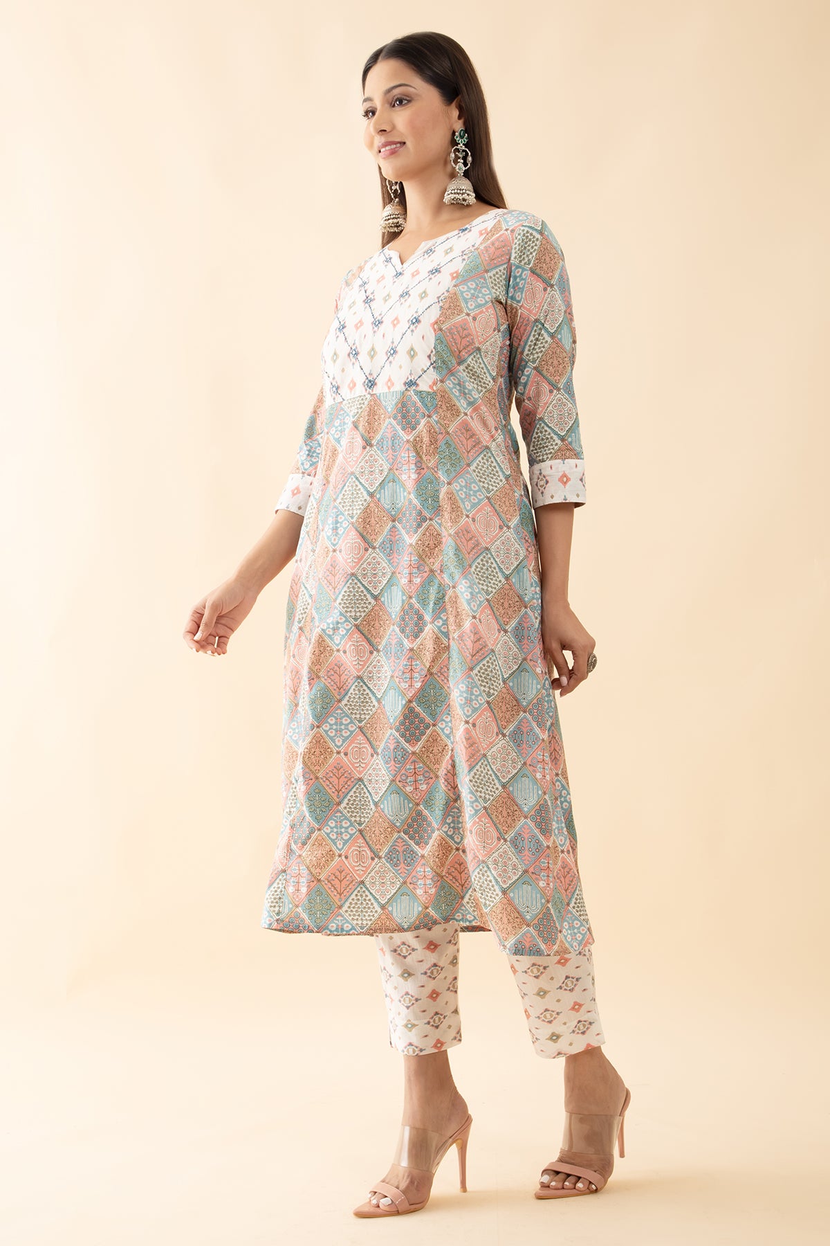 Floral Mosaic Printed Kurtaset with Dupatta - White Pastels