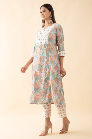 Floral Mosaic Printed Kurtaset with Dupatta - White Pastels