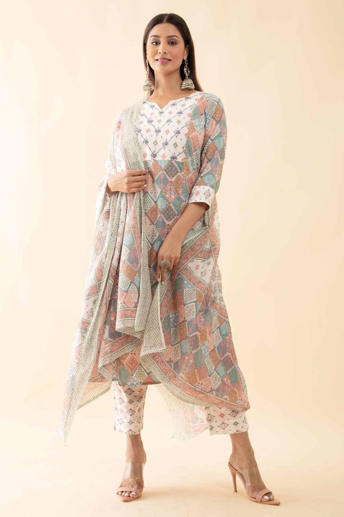 Floral Mosaic Printed Kurtaset with Dupatta - White Pastels